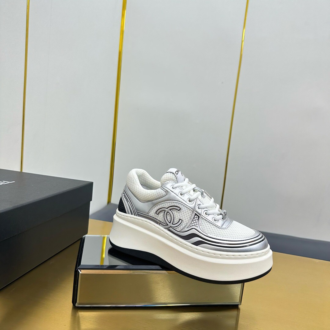 2025 Women Chanel White Silver Leather Mesh Sneakers
