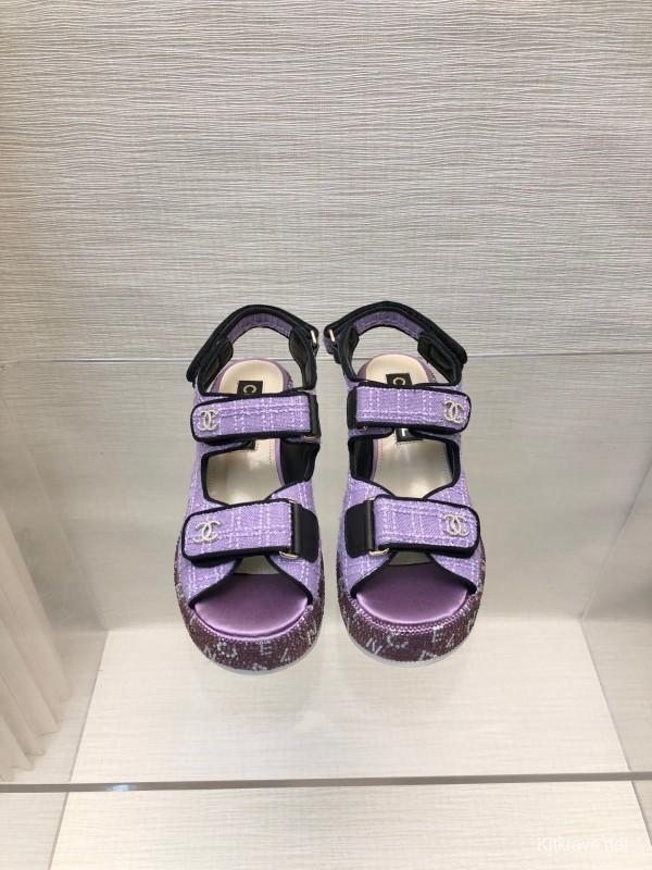 2025 Slippers Chanel Purple Fabric Wedge Sandals