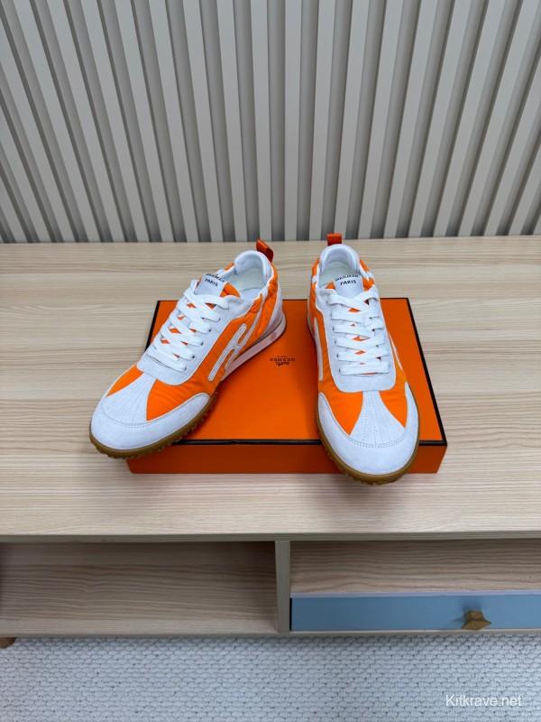 2025 Unisex Hermès Orange White Suede Nylon Sneakers Top Version LY00310