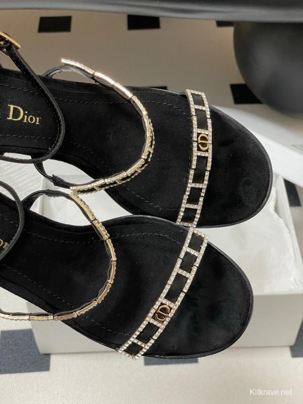 2025 Women Dior Black Suede Crystal Embellished Strap Sandals