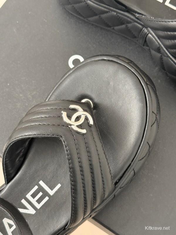 2025 Women Chanel Black Leather Sandals Platform
