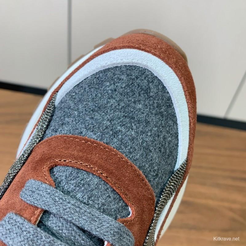 2025 Unisex Brunello Cucinelli Grey Brown White Suede Fabric Sneakers LY