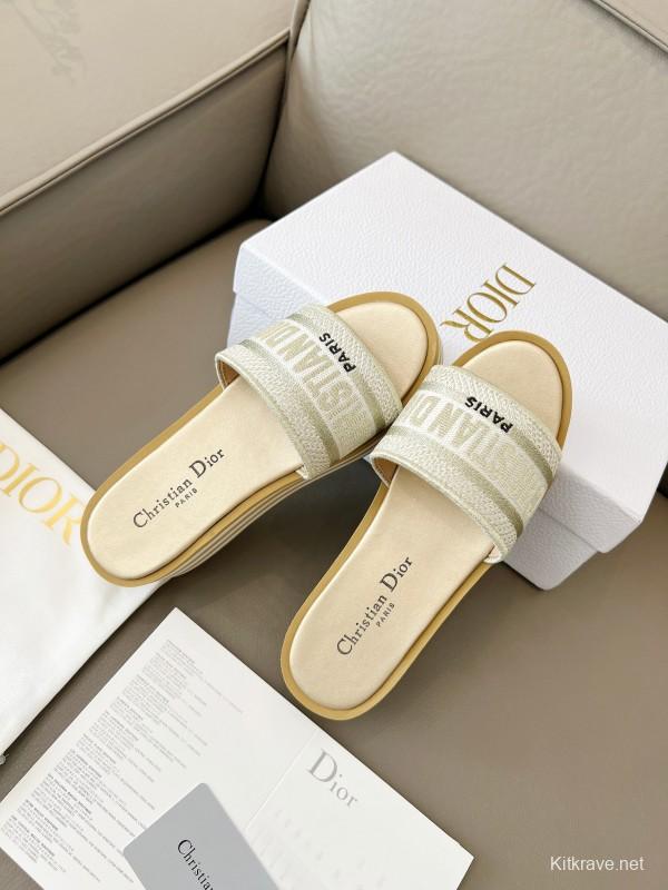 2025 Women Dior White Beige Canvas Platform Slippers