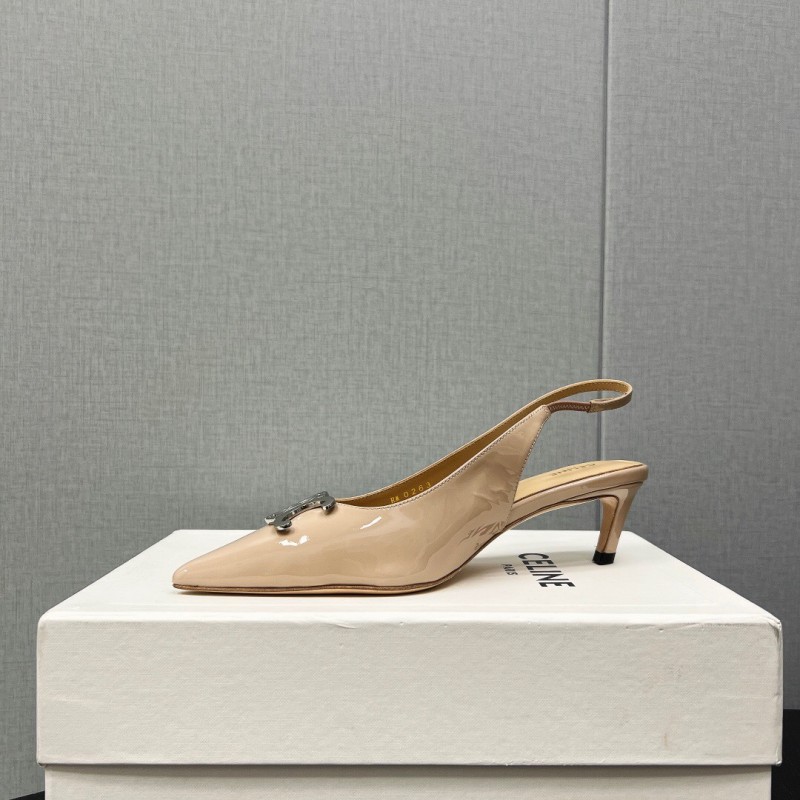 2025 Women Celine Beige Leather Slingback Shoes Metal Buckle