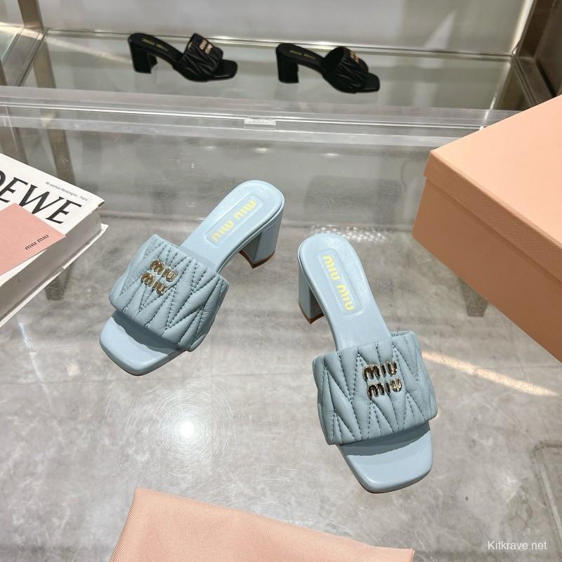2025 Women Miumiu Light Blue Sheepskin Heeled Sandals