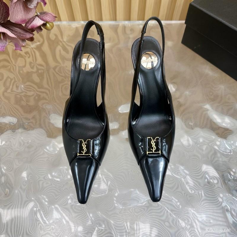 2025 Women Yves Saint Laurent Black Patent Leather Slingback Heels