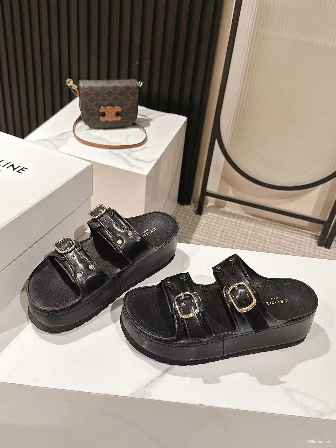 2025 Women Celine Black Leather Platform Slide Sandals LY00300