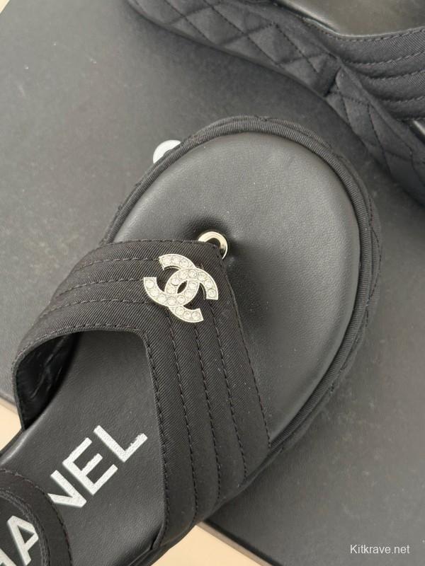 2025 Women Chanel Black Fabric Platform Sandals
