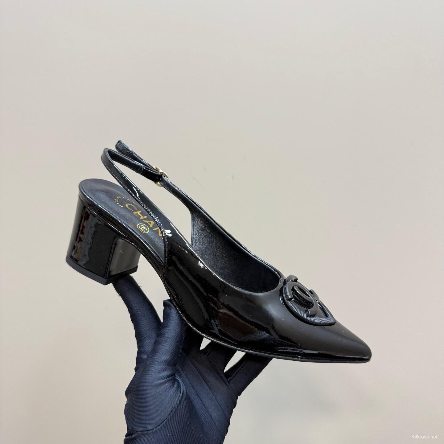 2025 Women Chanel Black Patent Leather Slingback Pumps