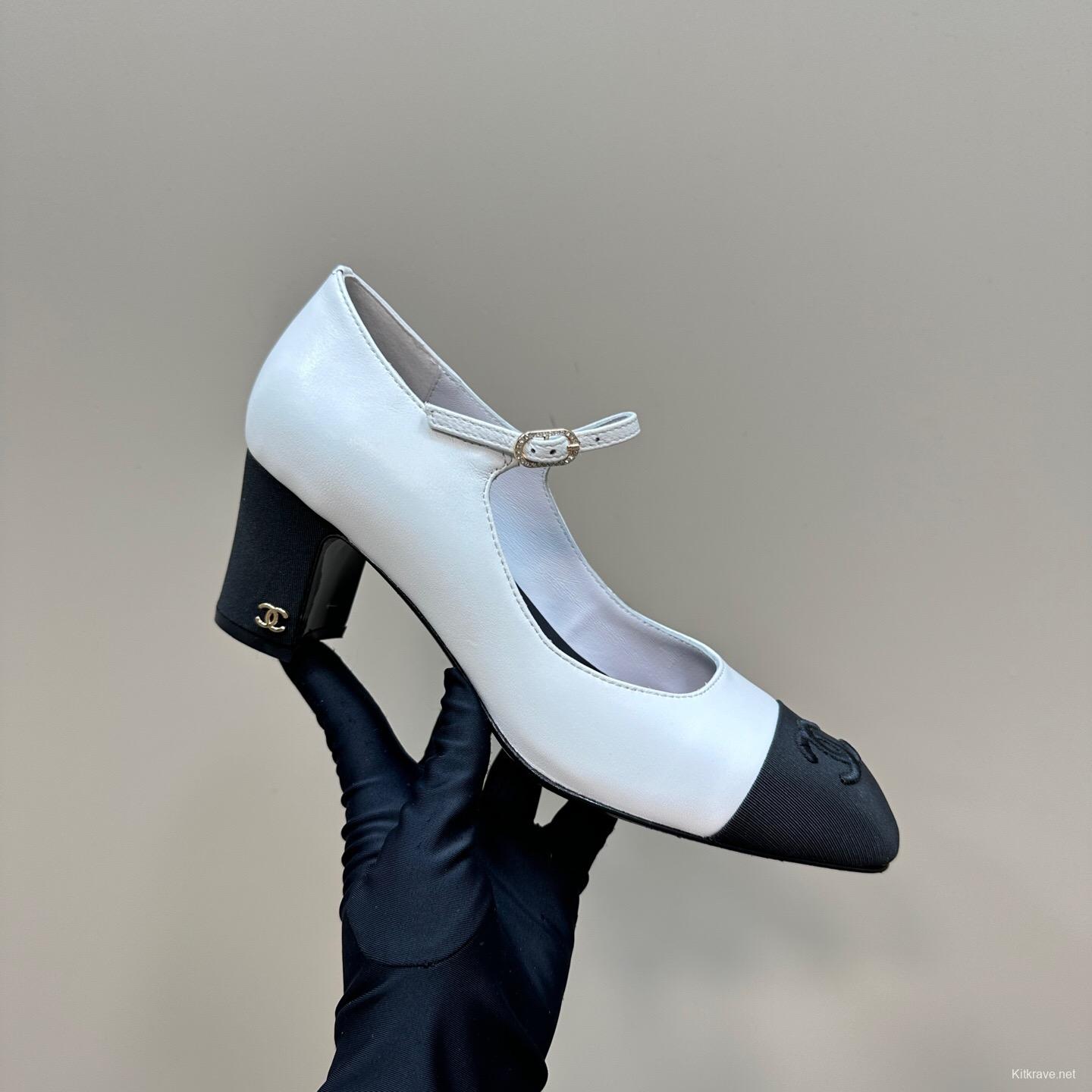 2025 Women Chanel White Black Leather Mary Jane Double Strap CC Logo KFY00290