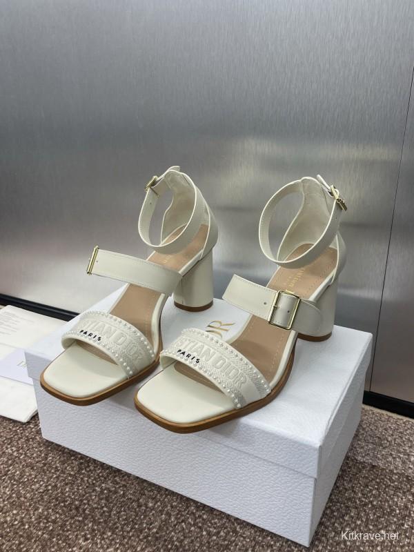 2025 Women Dior White Calfskin Silk Embroidery Sandals KFY00320