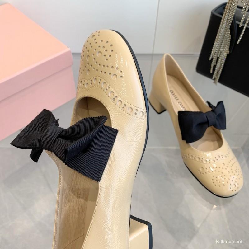 2025 Women Miu Miu Beige Black Leather Mary Jane Bow KFY00280