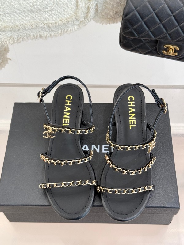 2025 Women Chanel Black Leather Sandals Chain KFY00270