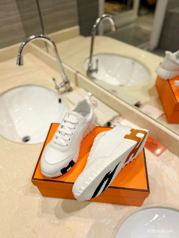 2024 Unisex Hermès White Imported Calf Leather Rain Cloth Casual Sneakers MJ00320