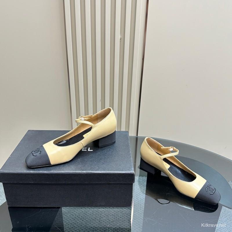 2025 Women Chanel Beige Black Leather Mary Jane Shoes KFY00290