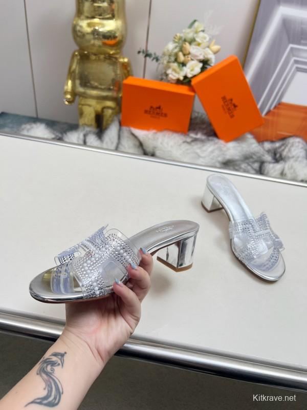 2025 Slippers Hermès Silver Leather Slippers MJ00180/215