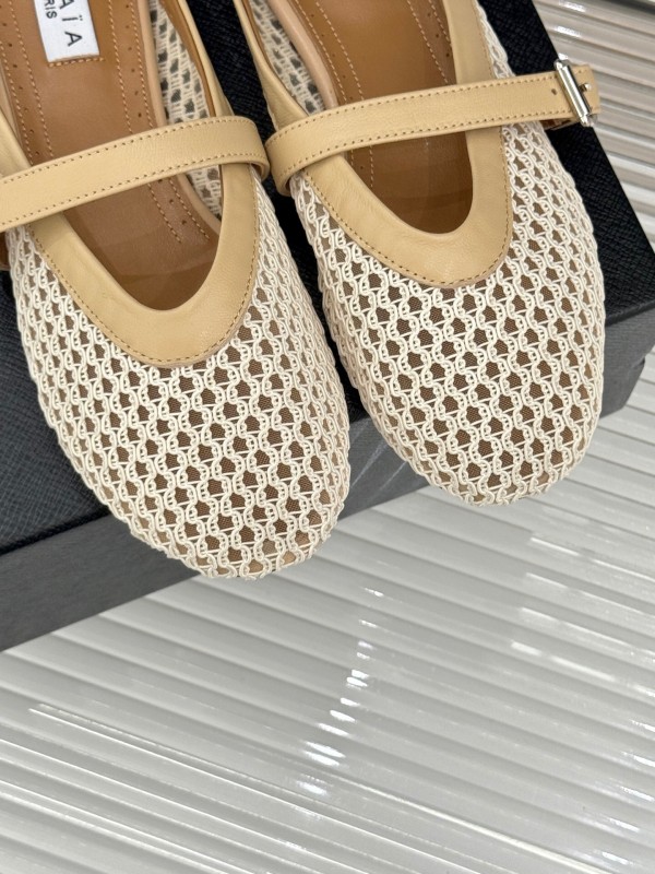 2025 Slippers ALALIA Beige Mesh Leather Flat Buckle