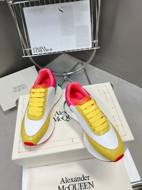 2024 Unisex Alexander McQueen Yellow Green Pink Leather Sprint Sneakers MJ00370