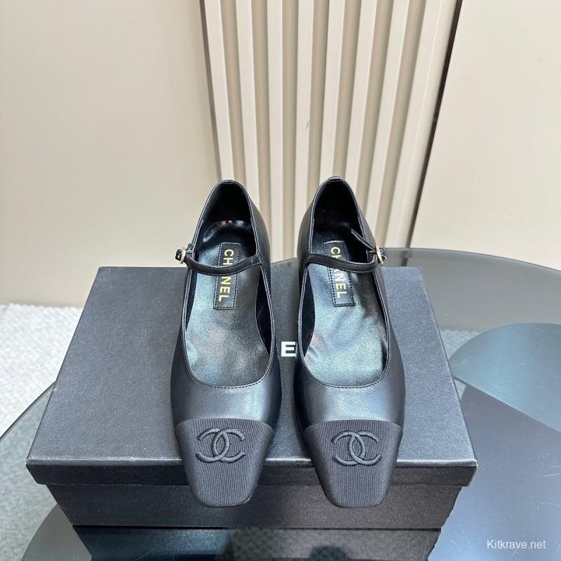 2025 Women Chanel Black Lambskin Mary Jane Shoes KFY00290