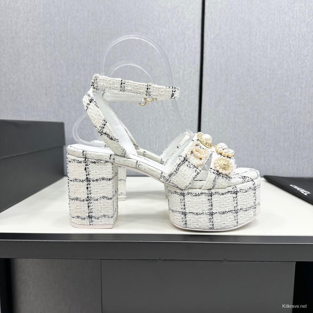 2025 Women Chanel White Black Fabric Platform Sandals Pearl Embellishment