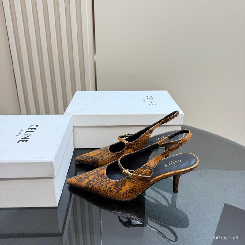 2025 Women CELINE Brown Snake Leather Slingback Pumps
