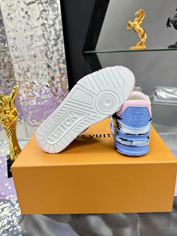 2024 Unisex Louis Vuitton Pink Blue Black Leather Denim Plimsolls Hand-Painted MJ00780