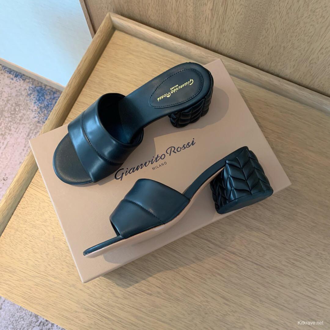 2025 Women Gianvito Rossi Black Leather Slippers KFY00260