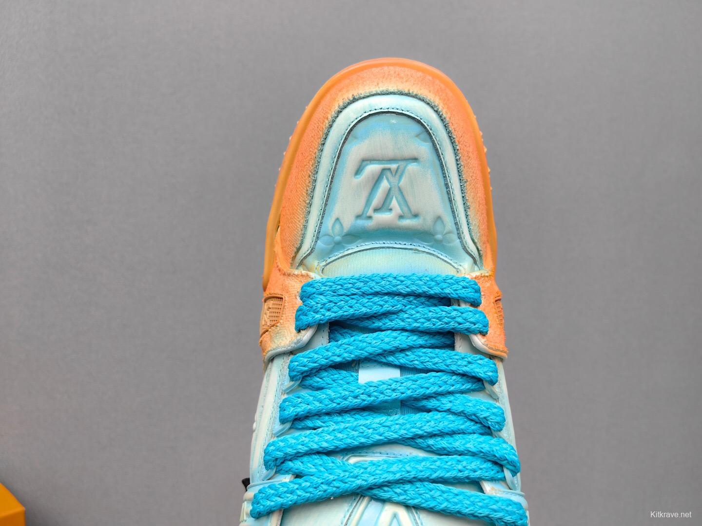 2025 Unisex Louis Vuitton Blue Orange Denim TPU Plimsolls Complex Wash KFY00510