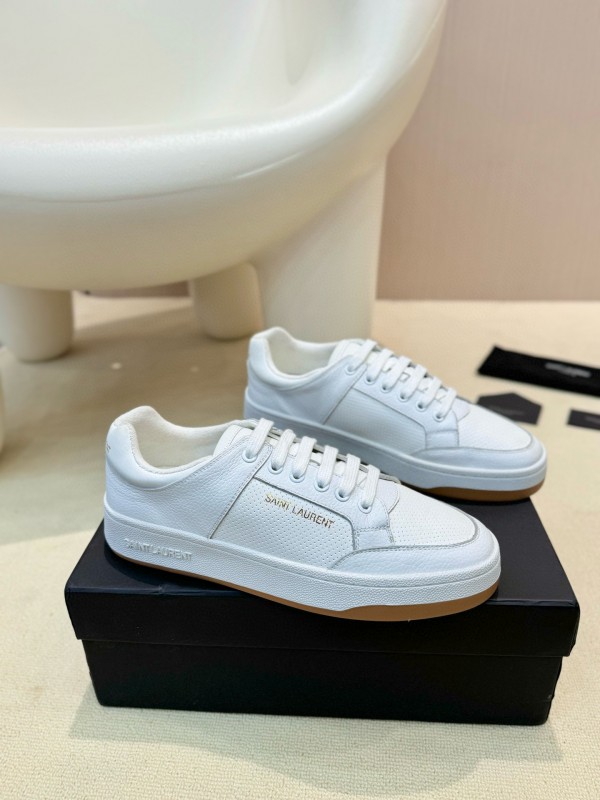 2024 Unisex Yves Saint Laurent White Silk Leather Sneakers Gold Hole Punch MJ00350