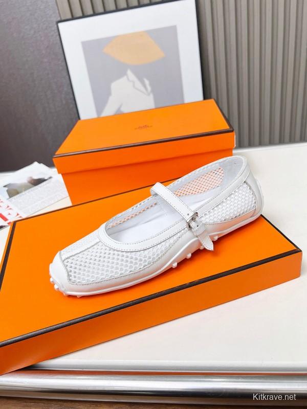 2025 Women Hermès White Leather Mesh Mary Jane LY00230