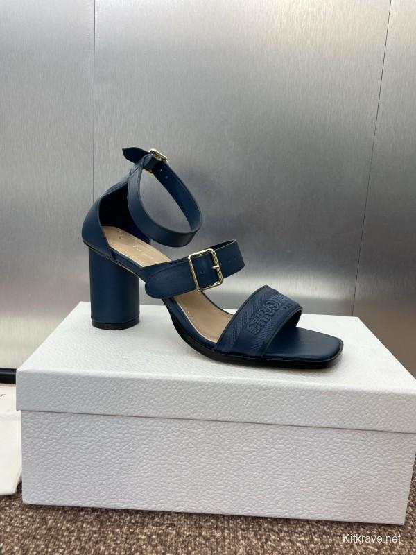 2025 Women Dior Navy Blue Leather Sandals Ankle Strap KFY00310