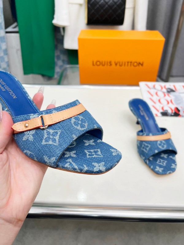 2025 Women Louis Vuitton Denim Blue Leather Heeled Sandals LY00260