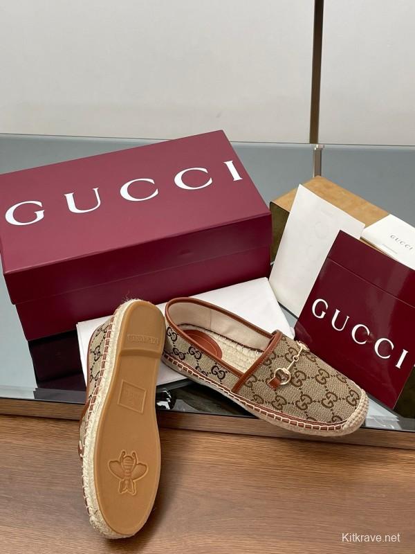 2025 Women Gucci Brown Canvas Leather Loafers Horsebit LY00200