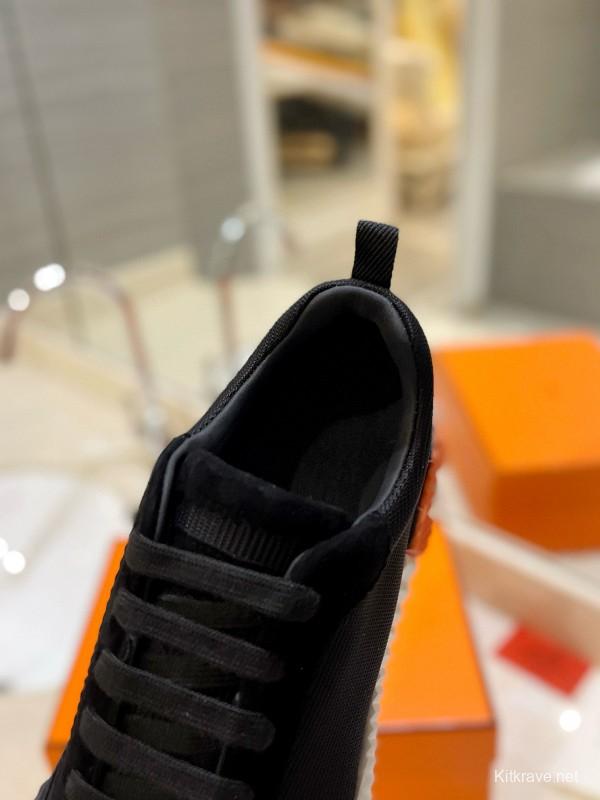 2024 Unisex Hermès Black Imported Silk Glazed Calf Suede Synthetic Fabric Sneakers MJ00320