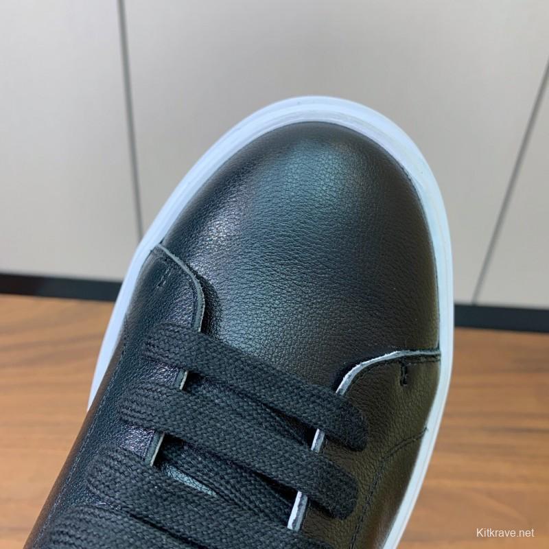 2025 Men Brunello Cucinelli Black Leather Casual Sneakers With White Rubber Sole And High Elasticity Insole KFY00310(M)