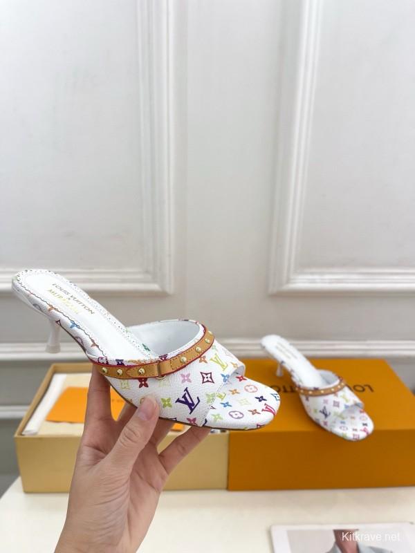 2025 Women Louis Vuitton White Rainbow Leather Slippers MJ00290