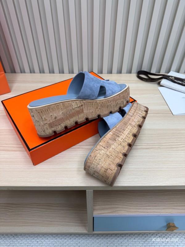 2025 Women Hermès Blue Suede Slippers