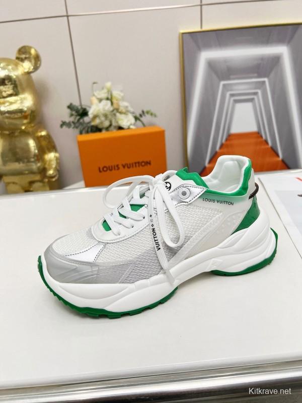 2025 Unisex Louis Vuitton White Green Leather Mesh Rubber Sneakers LY00340