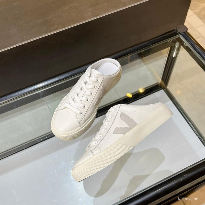 2025 Women VEJA White Canvas Leather Mule Sneakers MJ00240