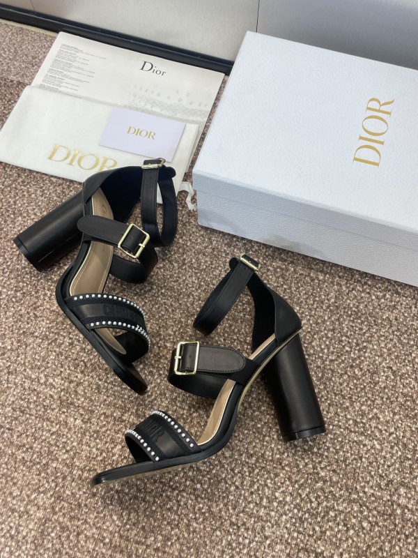 2025 Women Dior Black Leather High Heel Sandals Studded KFY00320