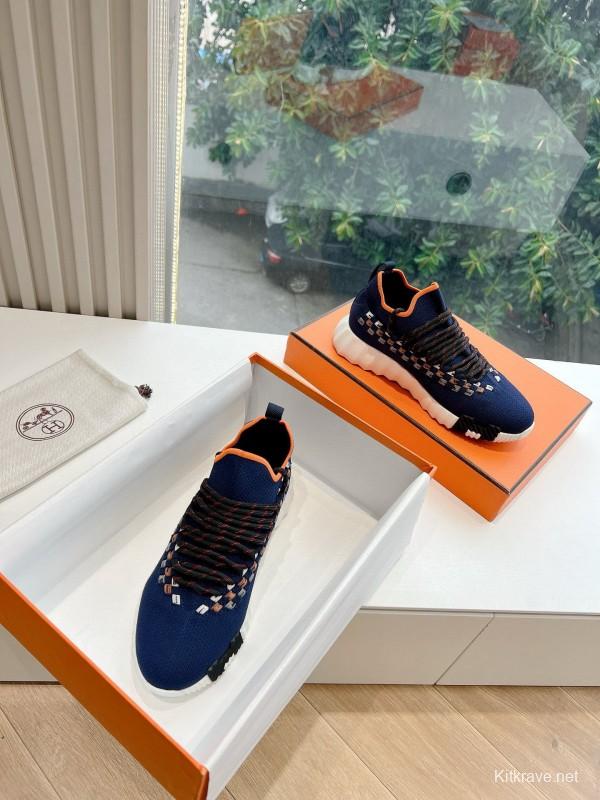 2024 Unisex Hermès Navy Orange Knit Leather Sneakers