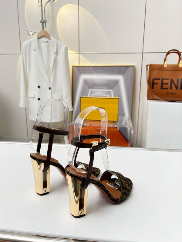 2025 Women Fendi Brown Leather Suede High Heel Sandals