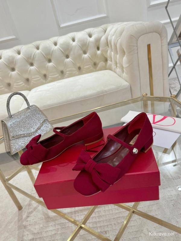 2025 Women Valentino Red Fabric Mary Jane Bow Flat LY00300