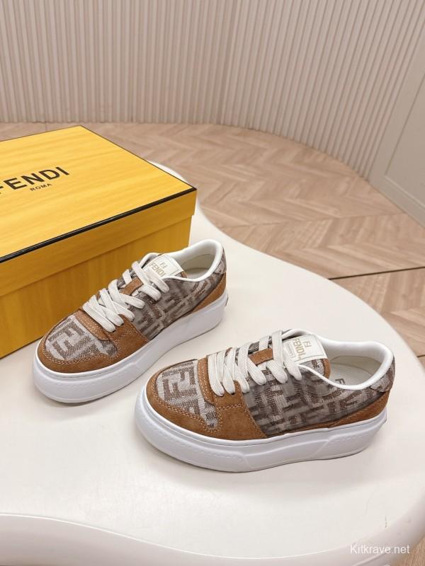 2025 Women Fendi Brown Beige Leather Mesh Sneakers LY00340
