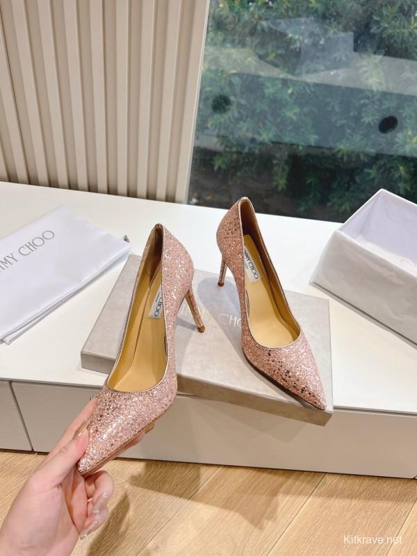 2025 Women Jimmy Choo Pink Glitter Leather Pointed Toe Pumps KFY00280