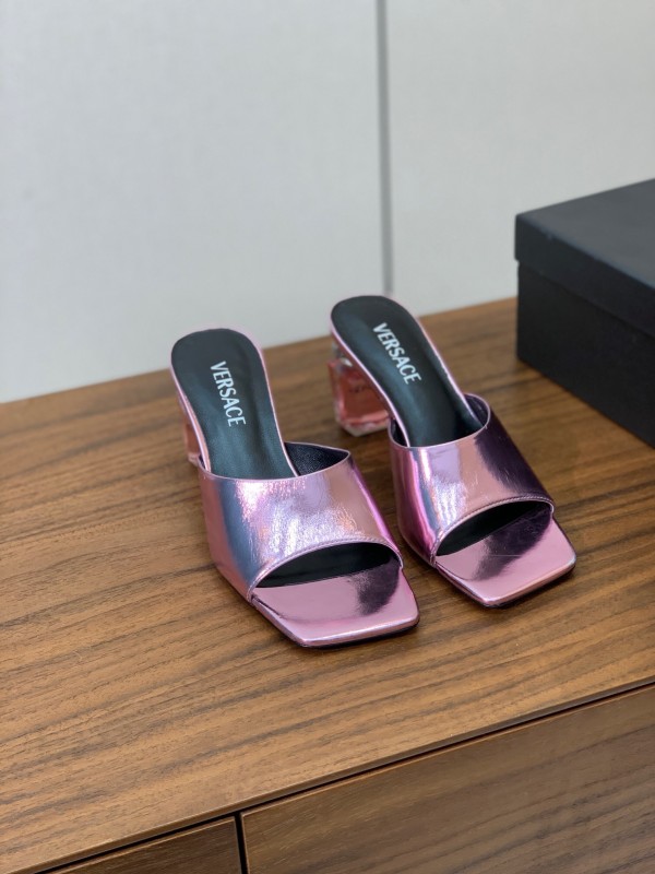 2025 Women VERSACE Pink Leather Slippers