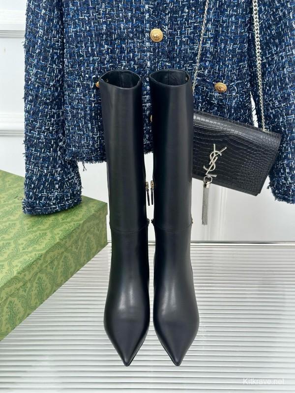 2024 Women YSL Black Leather Boots Chain Detail