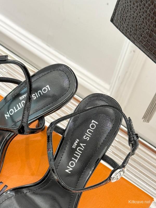 2025 Women Louis Vuitton Black Leather High Heel Sandals