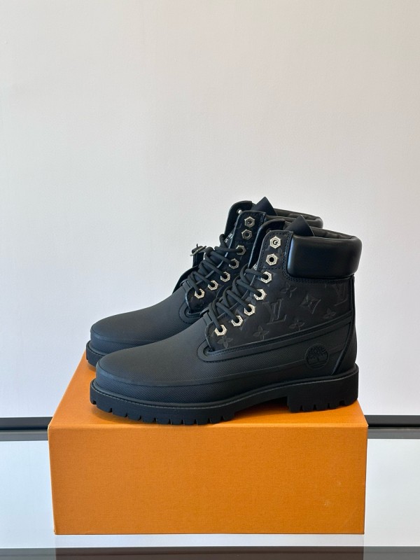2024 Men Louis Vuitton Black Leather Monogram Work Boots MJ00390