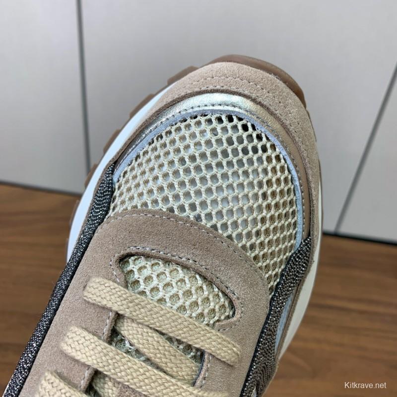 2025 Unisex Brunello Cucinelli Beige Black Mesh Suede Sneakers